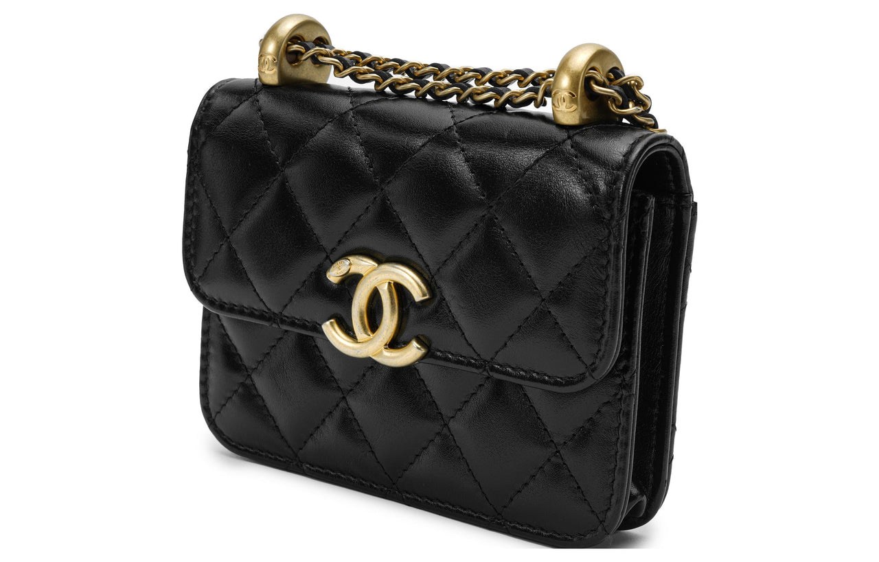 CHANEL WOC Calfskin & Metal Wallet On Chain, Coin Purse, Shoulder Bag, Crossbody Bag Small Size Women's Black