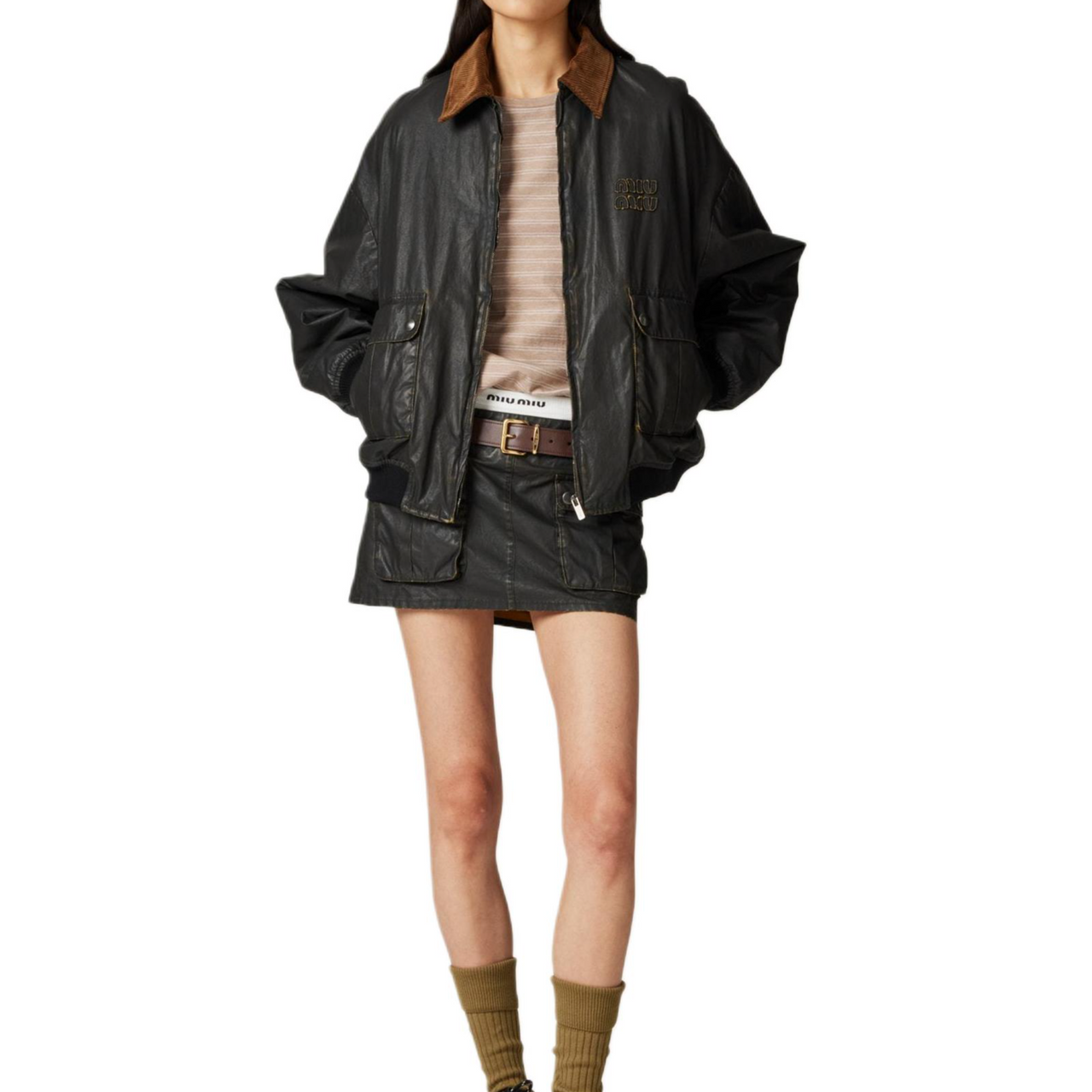 MIU MIU Resin Finished Bomber Jacket Black