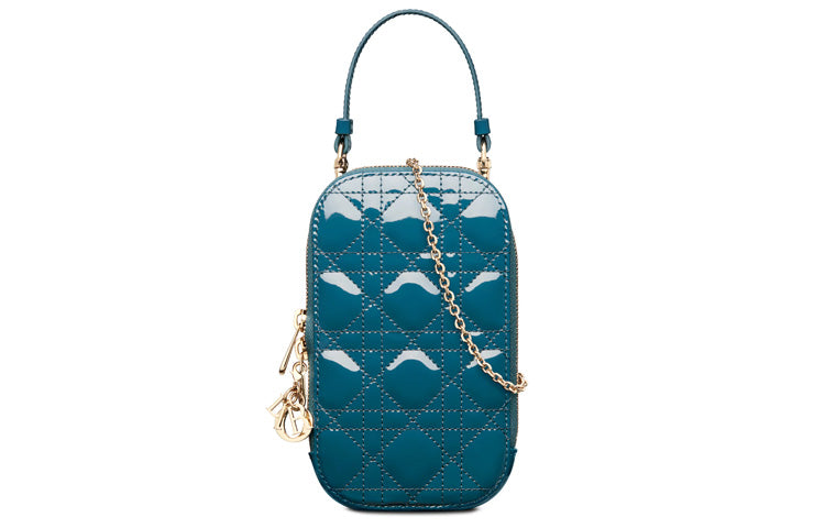 DIOR Lady Dior Patent Leather, Cow Leather Chain One Shoulder Crossbody Portable Cell Phone Pouch Women's Gray Blue