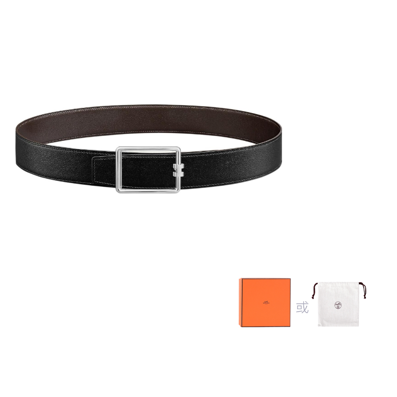 HERMES Togo Calfskin Double-Sided Leather Belt Buckle Leather Belts Men's Black Width: 3.8cm