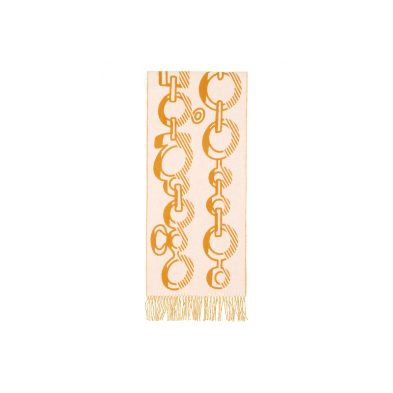 HERMES Knit Scarves Women's Ivory White/Red Ochre Yellow