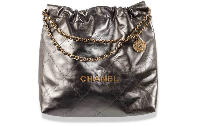 CHANEL 22Bag Cow Leather And Gold Metal Handbag, Shoulder Bag Medium Size Women's Ruthenium Metallic