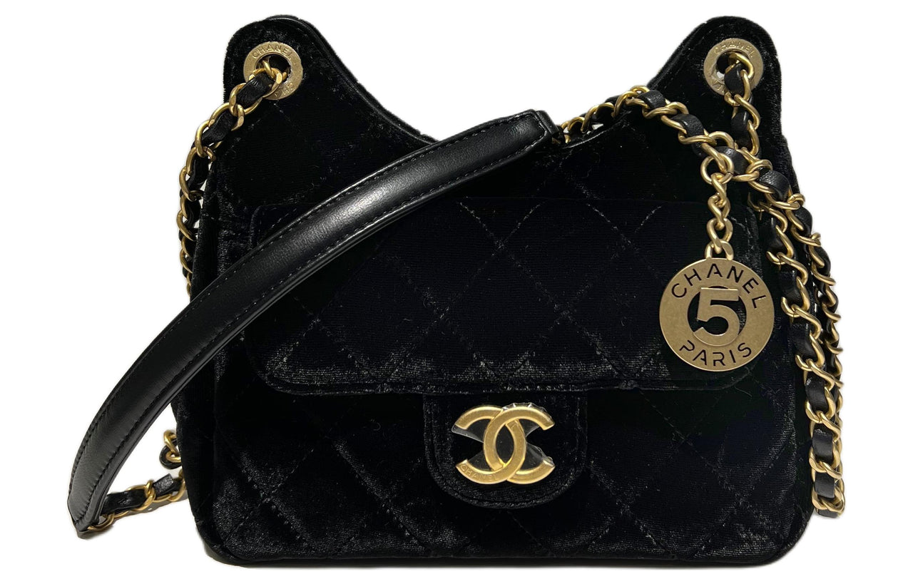 CHANEL Velvet Hobo Bag Crossbody Bag Shoulder Bag Women's Black