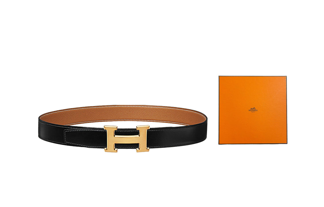HERMES Classic Matte Gold Buckle Togo Calfskin Double-Sided Leather Belt Men's Black/Gold Width: 3.2cm