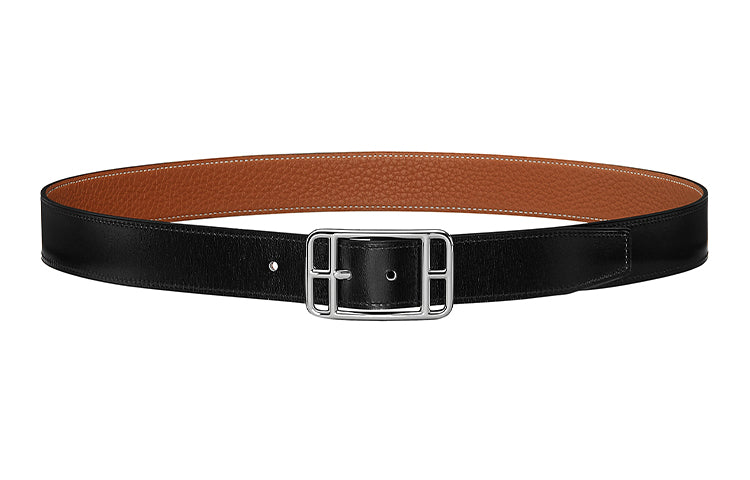 HERMES Togo Calfskin Double-Sided Belt Leather Belts Unisex Black/Brown Width 32MM