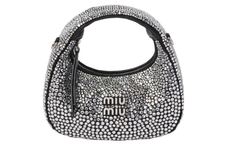 MIU MIU Wander Series Synthetic Crystal Silk Satin Crescent Bag Hobo Shoulder Bag Crossbody Handbag Mini Women's Black