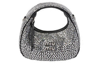MIU MIU Wander Series Synthetic Crystal Silk Satin Crescent Bag Hobo Shoulder Bag Crossbody Handbag Mini Women's Black