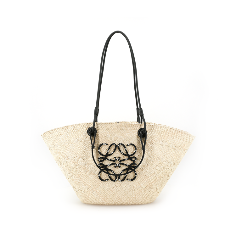 LOEWE Basket Palm Fiber With Cow Leather Basket Bag, One Shoulder Handbag Medium Size Women's Beige/Black