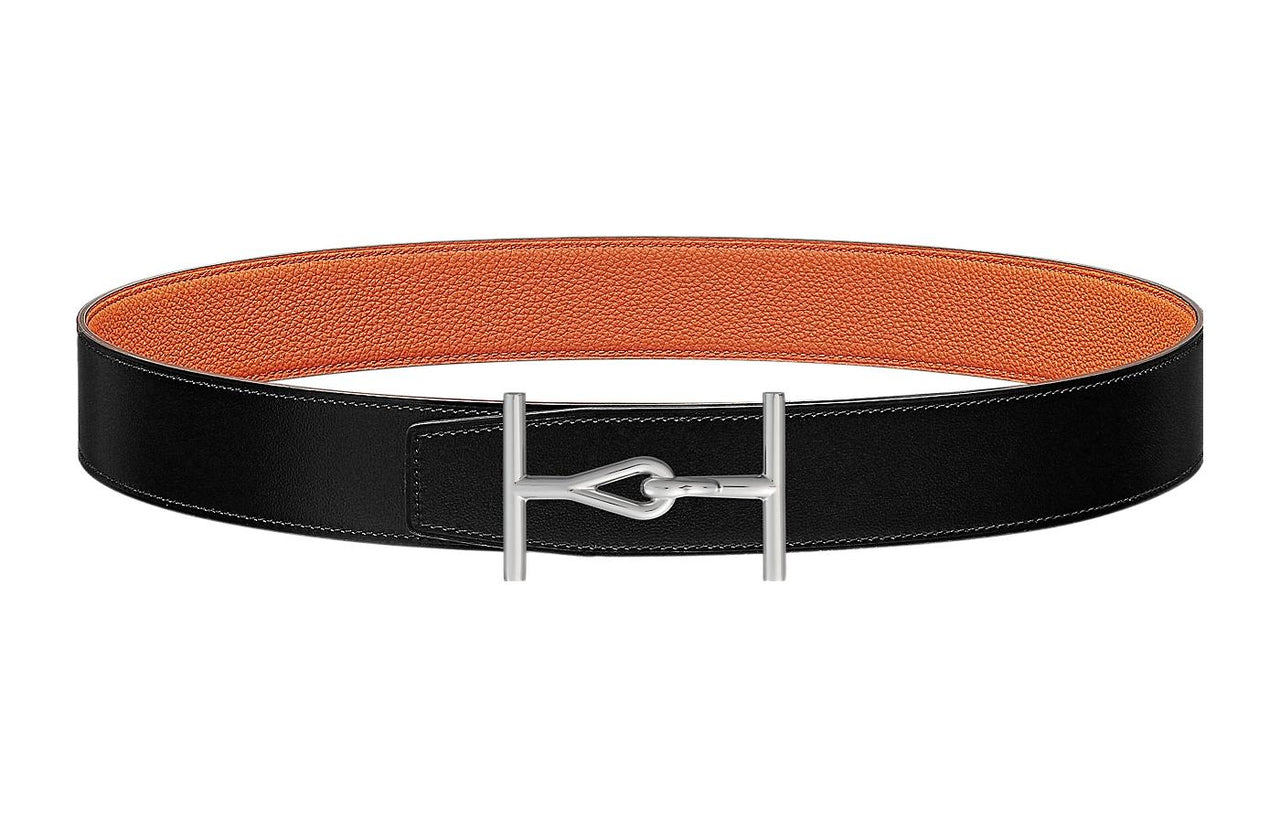 HERMES Trendy Casual Silver Buckle Togo Calfskin Double-Sided Leather Belt Men's Black Width: 3.8cm