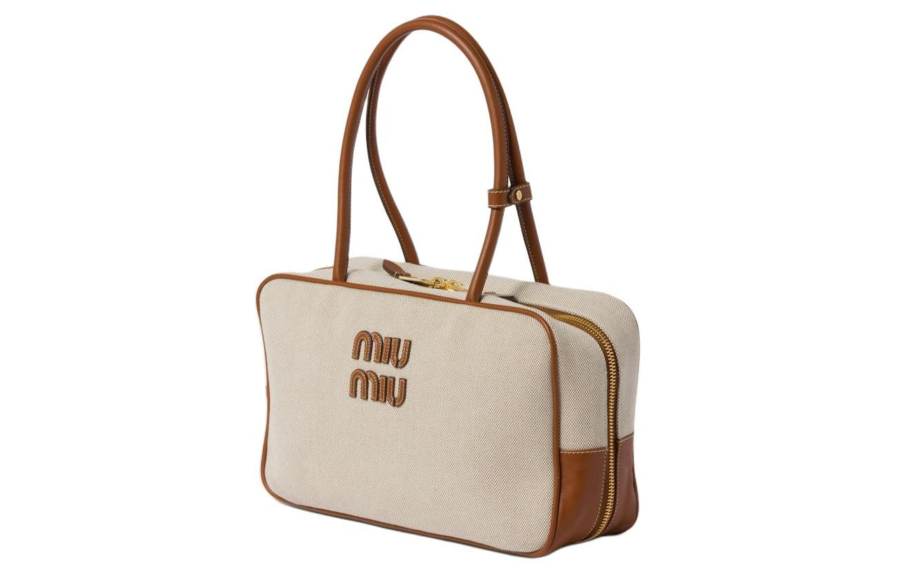 MIU MIU Canvas With Leather One Shoulder Handbags Women's Beige & Brandy