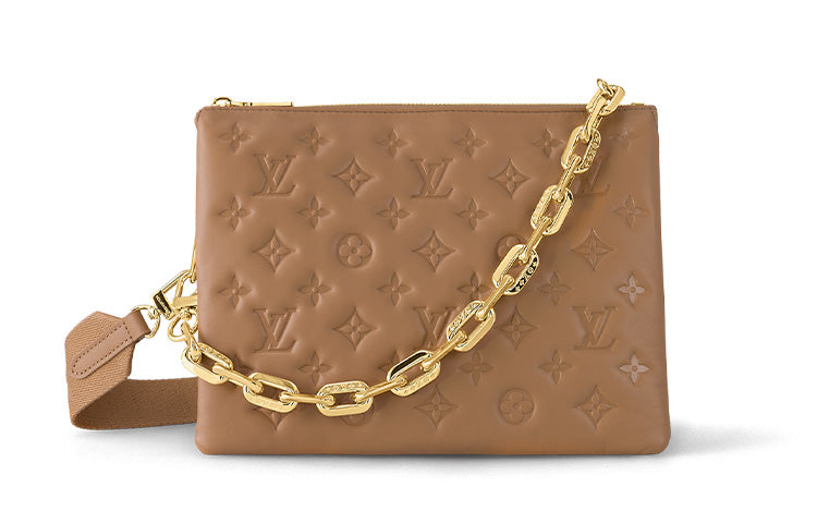LOUIS VUITTON Coussin Sheepskin Cow Leather Patchwork Trim Shoulder Bag Crossbody Bag Small Size Women's Brown