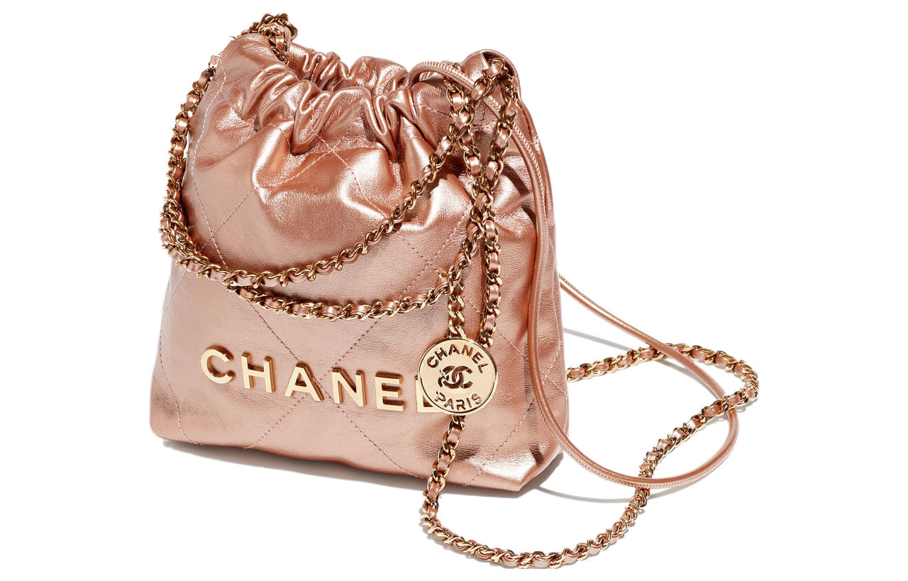 CHANEL 22Bag Metallic Calfskin Bucket Bag, Handbag, Shoulder Bag, Crossbody Bag Mini Women's Copper Pink