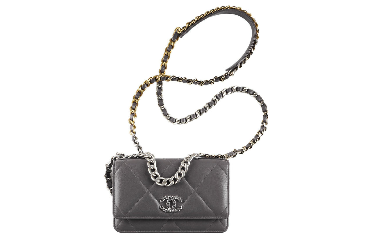 CHANEL 19BagWOC Lambskin Wealth Bag Mouth Cover Bag Handbag Shoulder Bag Crossbody Bag Women's Dark Gray