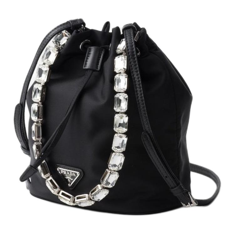 PRADA Fabric With Leather Bucket Bags Shoulder Bag Crossbody Bag Handbag Mini Women's Black