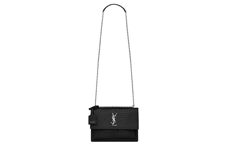 SAINT LAURENT Sunset Crocodile Embossed Shiny Leather Medium Black