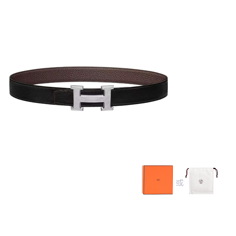 HERMES Cow Leather Belts Men's Black/Chocolate Width  3.2cm