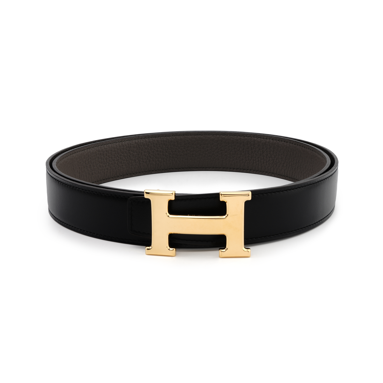 HERMES Cow Leather Leather Belts Men's Black/Tin Gray Width: 3.2cm
