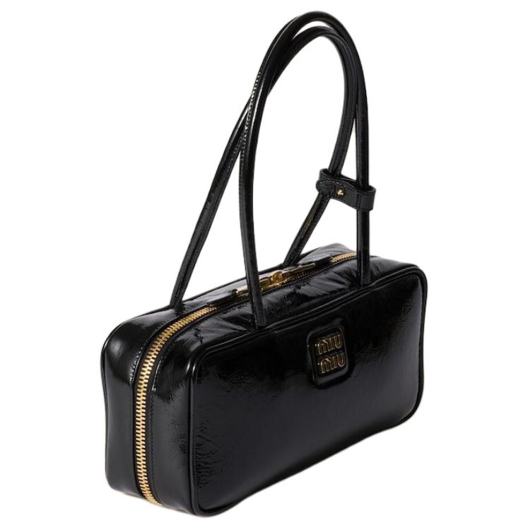MIU MIU Naplak Lacquered Finish Sheepskin One Shoulder Handbags Women's Black