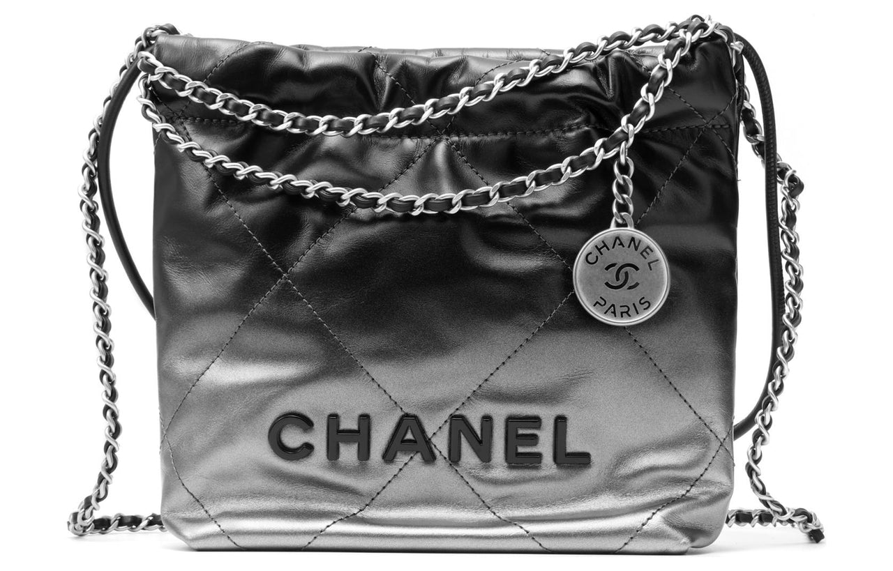 CHANEL 22Bag Calfskin Bucket Bag, Shoulder Bag, Crossbody Bag Mini Women's Silver & Black