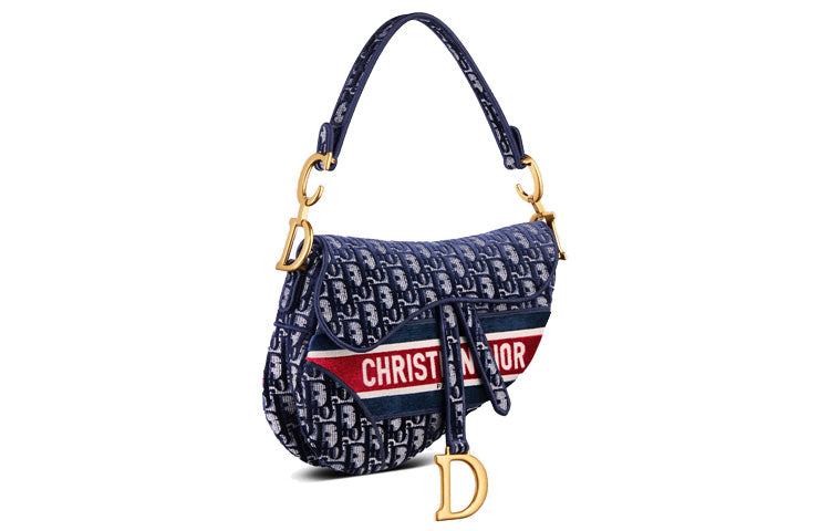 DIOR Saddle Velvet Saddle Bags One Shoulder Handbags Women's Blue