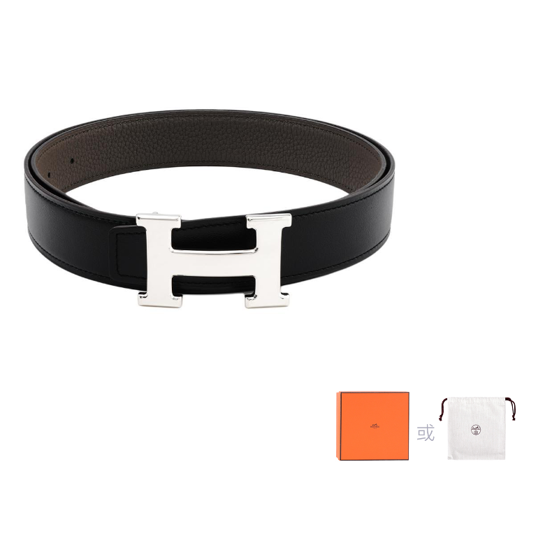 HERMES Epsom Calfskin Belt Leather Belts Men's Black/Tin Gray Width 3.2cm