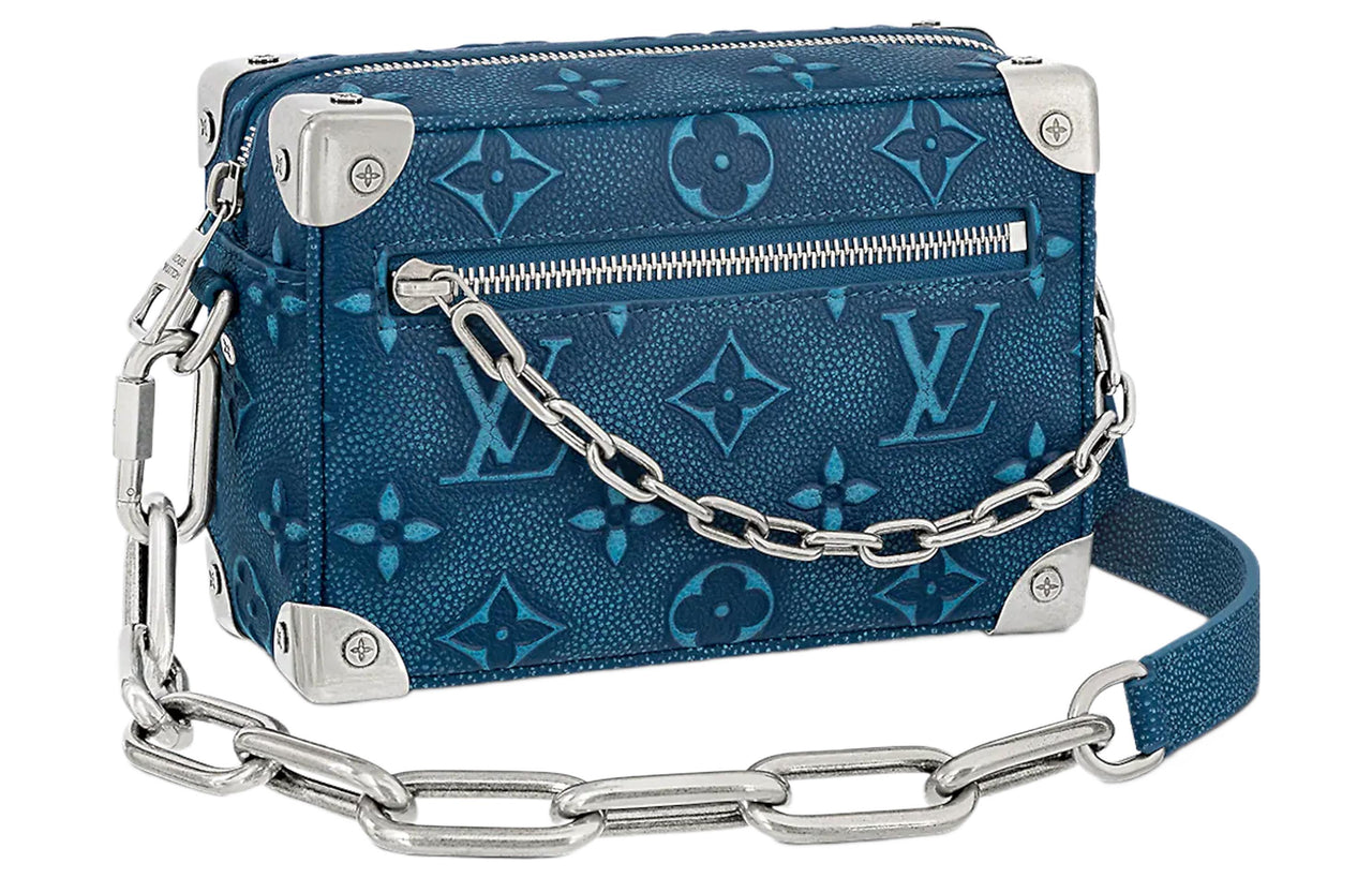 LOUIS VUITTON SOFT TRUNK Cow Leather Box Bag Handbag Shoulder Bag Crossbody Bag Mini Men's Blue