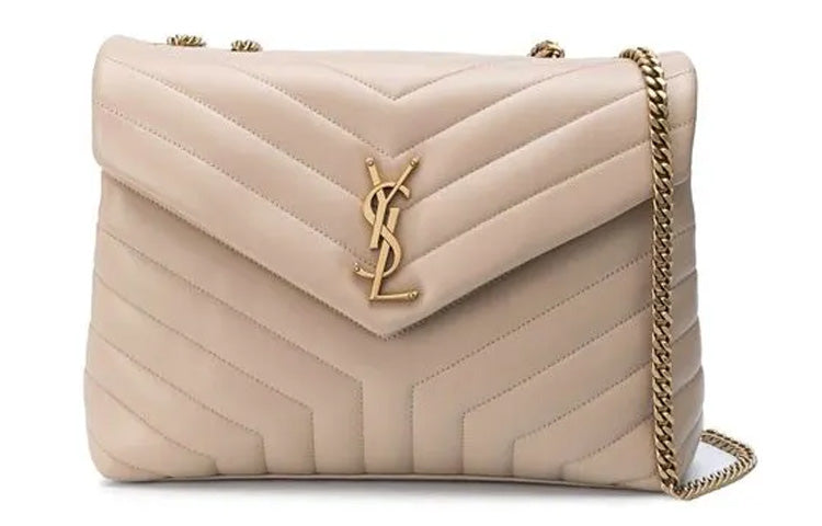 SAINT LAURENT LOULOU Quilted Leather Crossbody Bag, Shoulder Bag Medium Size Women's Beige