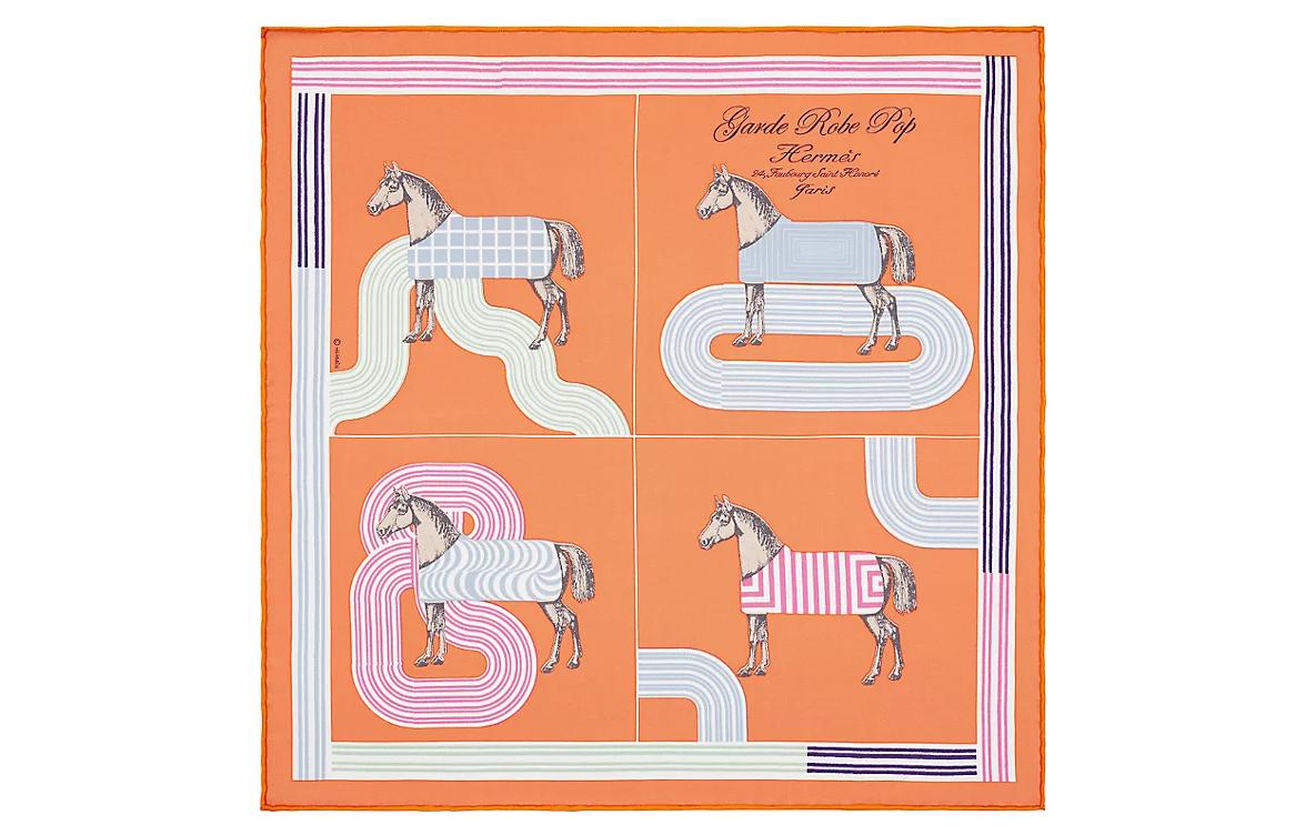 HERMES Silk Scarves Women's Apricot Yellow/Rose Pink/Blue