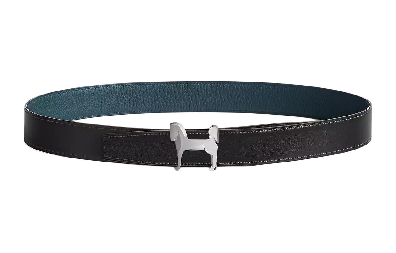 HERMES Metal Leather Belts Men's Black Width  3.2CM