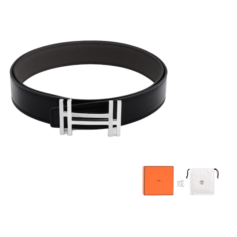 HERMES Cow Leather Leather Belts Unisex Black/Tin Gray Width: 3.2cm