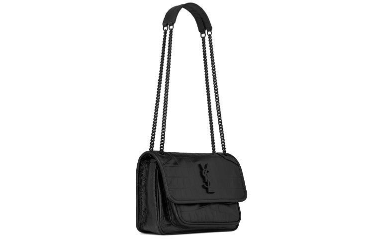 SAINT LAURENT Niki Crocodile Pattern Embossed Leather Hobo Bag Crossbody Bag Shoulder Bag Women's Black