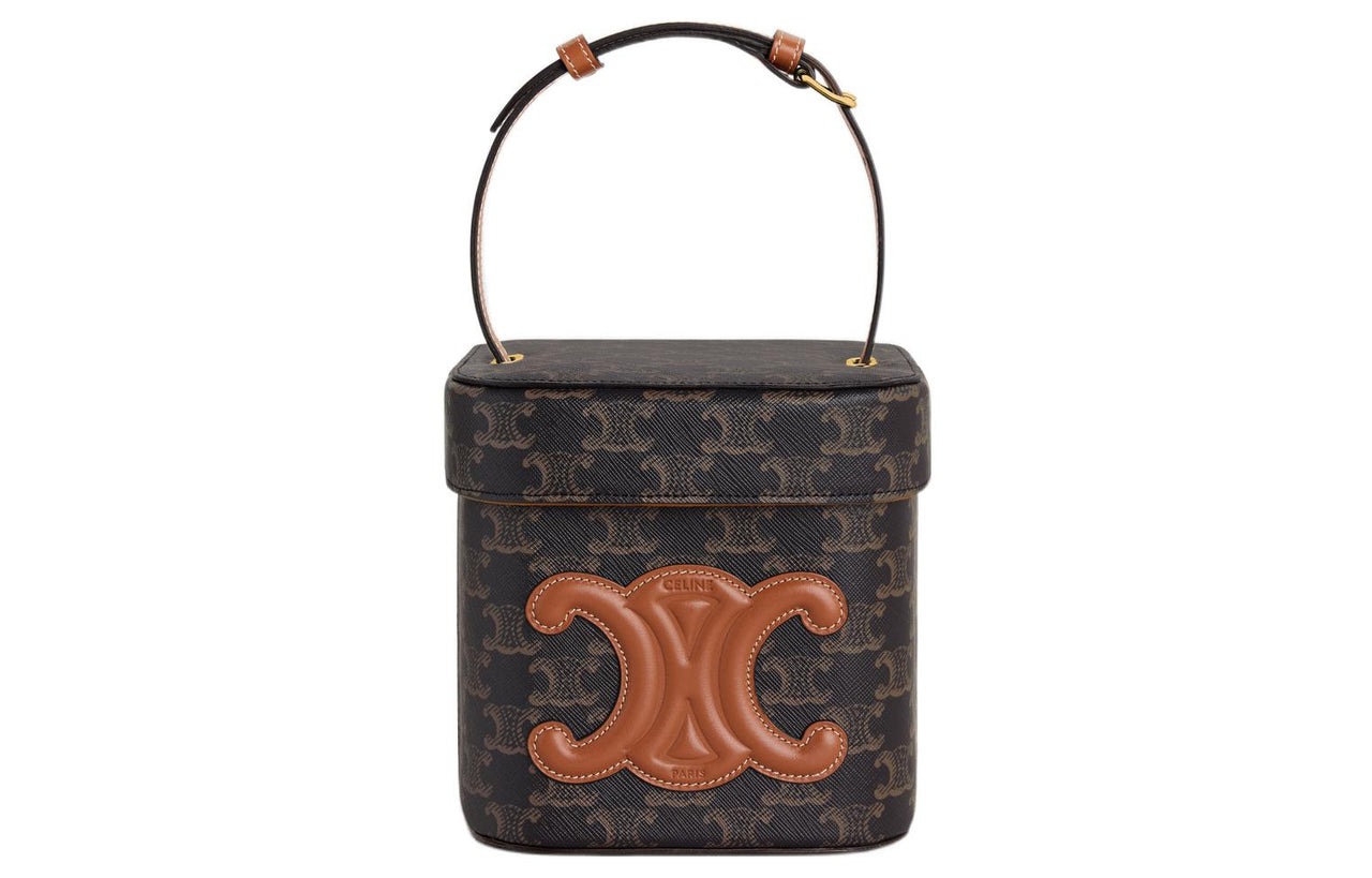 CELINE Triumph Gate Triomphe Canvas With Calfskin Box Bag, Shoulder Bag, Crossbody Bag, Handbag Medium Size Women's Tan