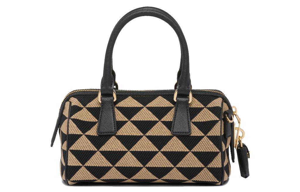 PRADA Embroidered Fabric Crossbody One Shoulder Handbags Regular Women's Black/Beige Yellow