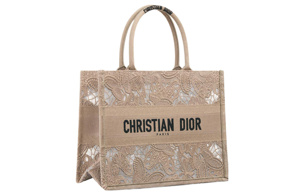 DIOR BookTote Embroidery Tote Bag Shopping Bag Handbag Medium Size Women's Greige