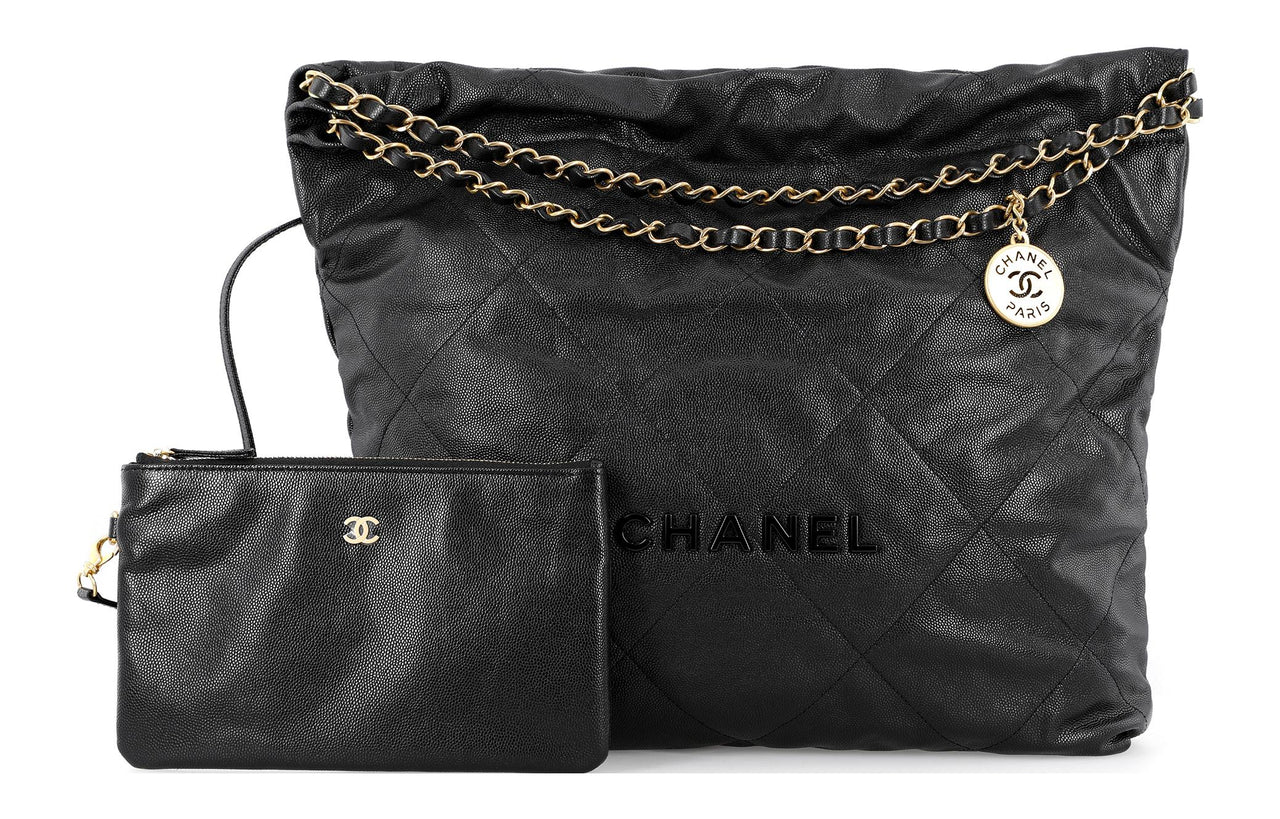 CHANEL 22Bag Grain Cow Leather Bucket Bag Handbag Shoulder Bag Medium Size Women's Black