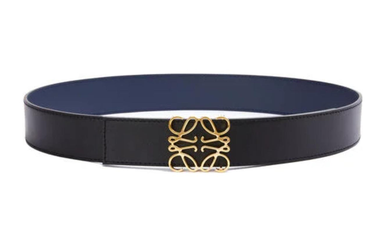 LOEWE Anagram Cow Leather Belt Men's Black Blue Gold Width 4cm