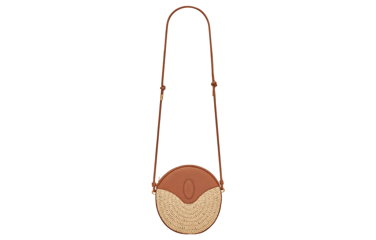 SAINT LAURENT Raffia Mixed Leather Crossbody Bag Shoulder Bag Women's Natural/Brown