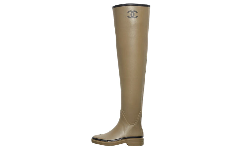 CHANEL Thigh High Rubber Rain Boots Dark Beige Women's