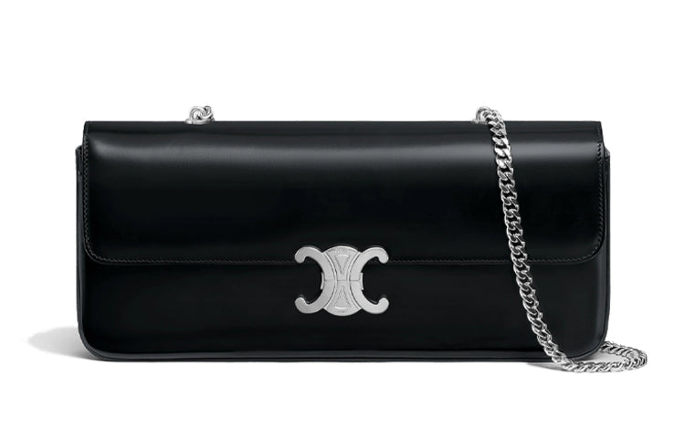 CELINE Triomphe Arc De Triomphe Cow Leather Chain Bag, Shoulder Bag, Handbag Regular Women's Black Silver