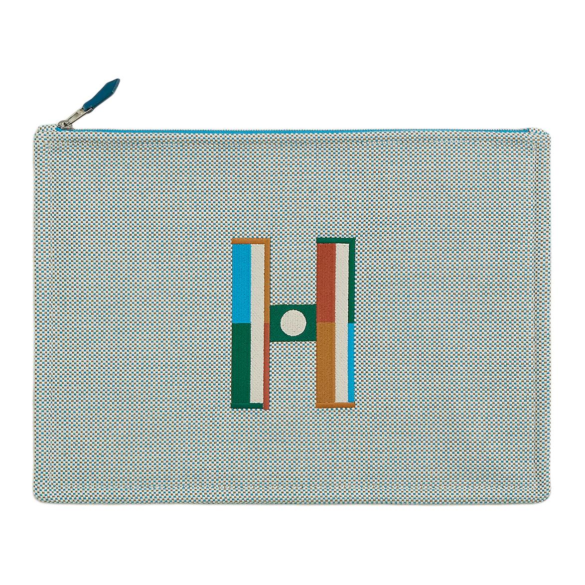 HERMES Faubourg Cotton Storage Bags Clutches Large Size Women's Teal & Pebble Gray