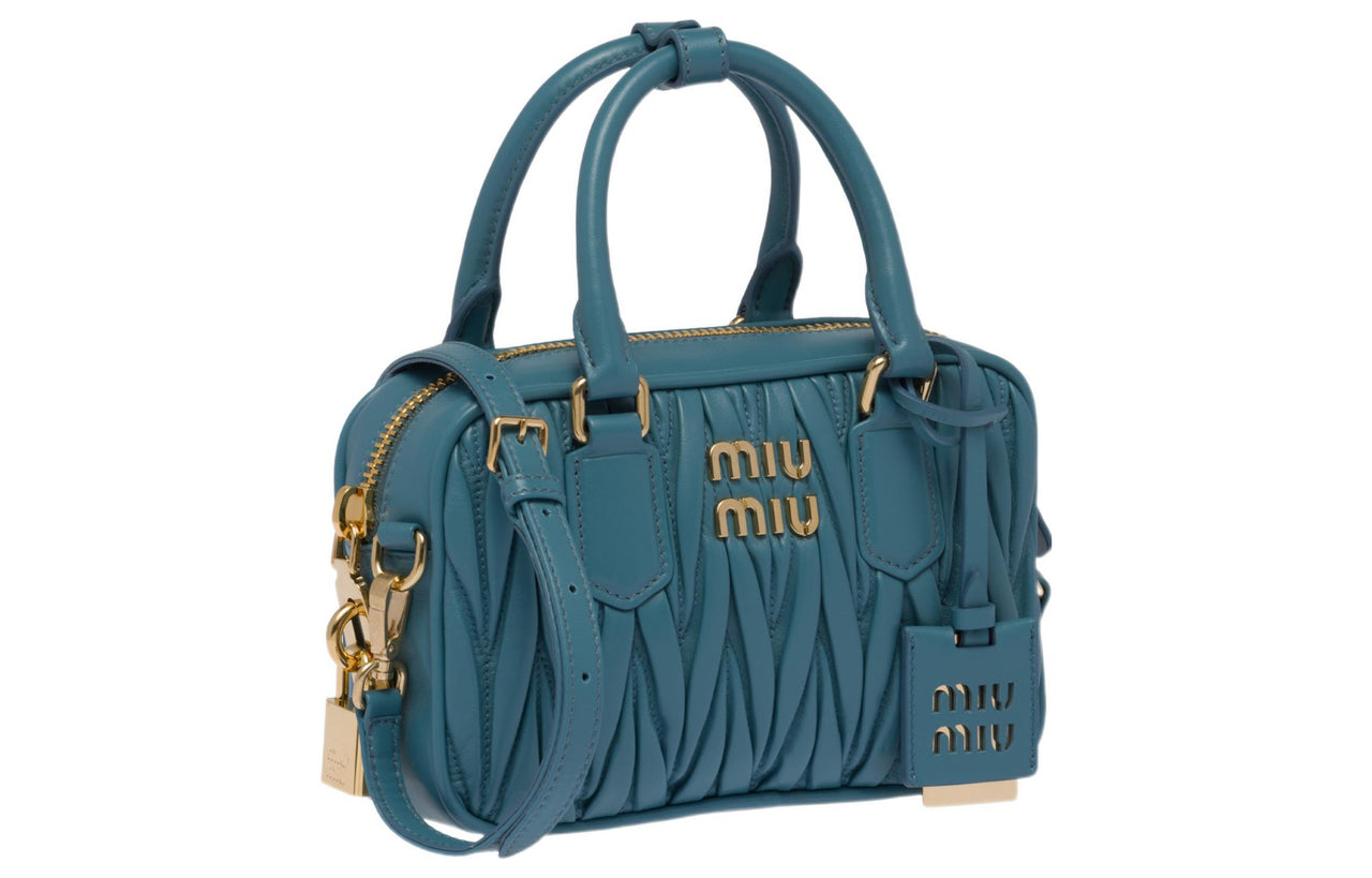 MIU MIU Wander Series Leather Bowling Bag Shoulder Bag Crossbody Bag Handbag Small Size Women's Light Blue