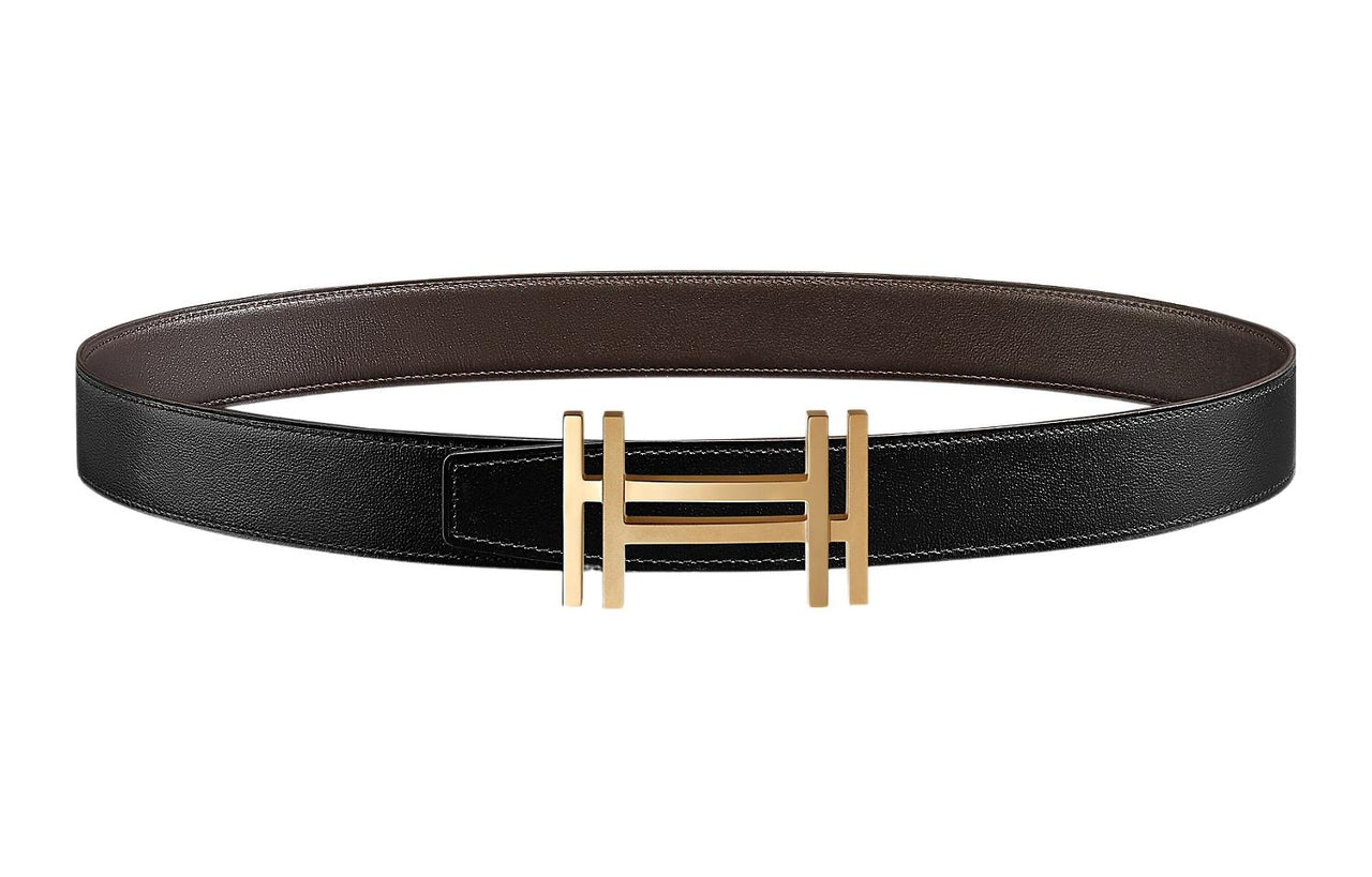 HERMES Individual Elegance Gold Buckle Togo Calfskin Double-Sided Leather Belt Men's Black Width: 3.2cm