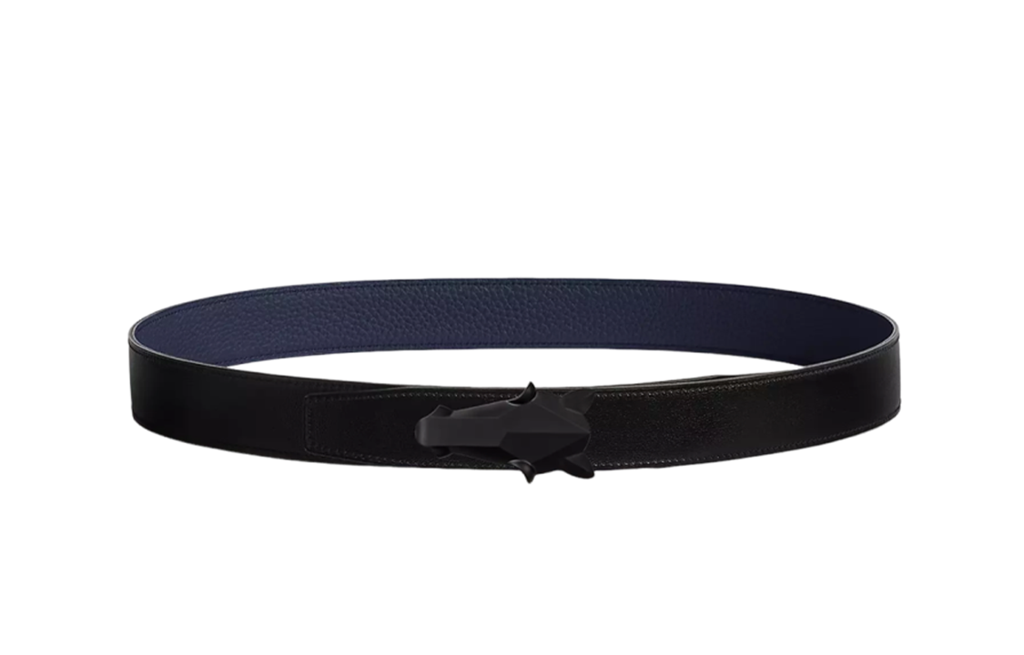 HERMES Horsehead Buckle Smooth Buckle Leather Belts Men's Black/Blue Width: 3.2cm