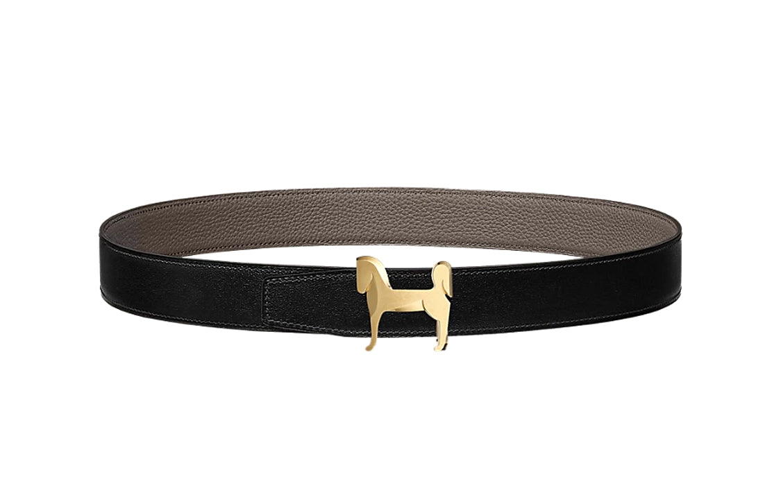 HERMES Cow Leather Leather Belts Men's Gray Black 3.2cm