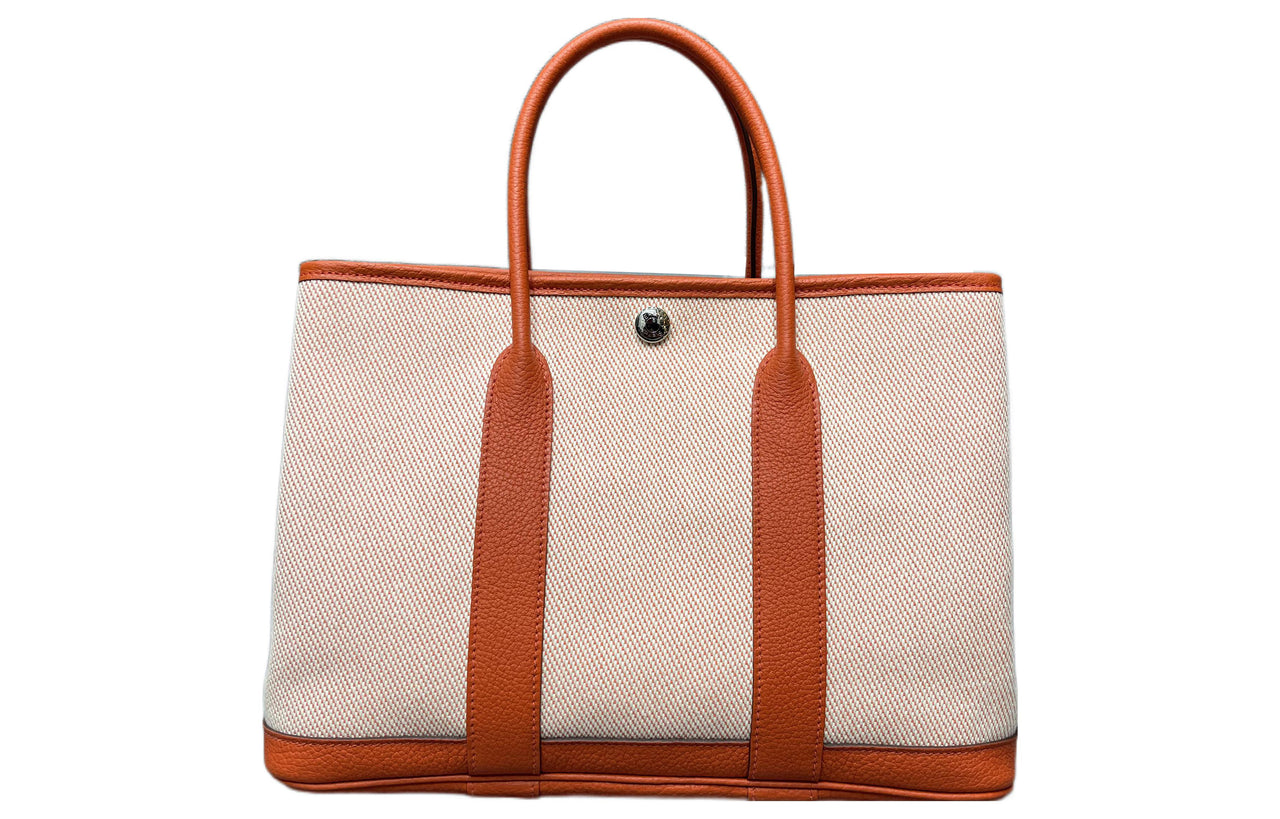 HERMES Garden Party Officier Canvas With Negonda Calfskin Canvas Bag Garden Bag Handbag Women's Orange Red