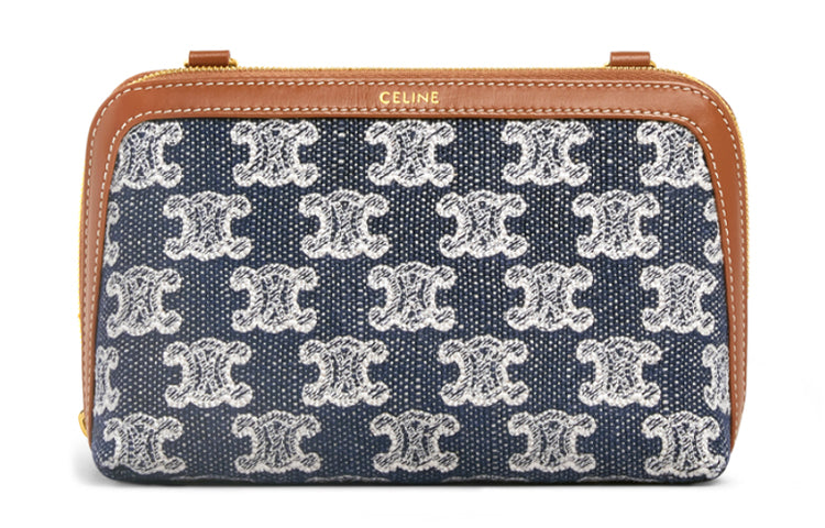 CELINE Triumph Gate Triomphe Fabric Clutch Handbag Women's Marine Blue