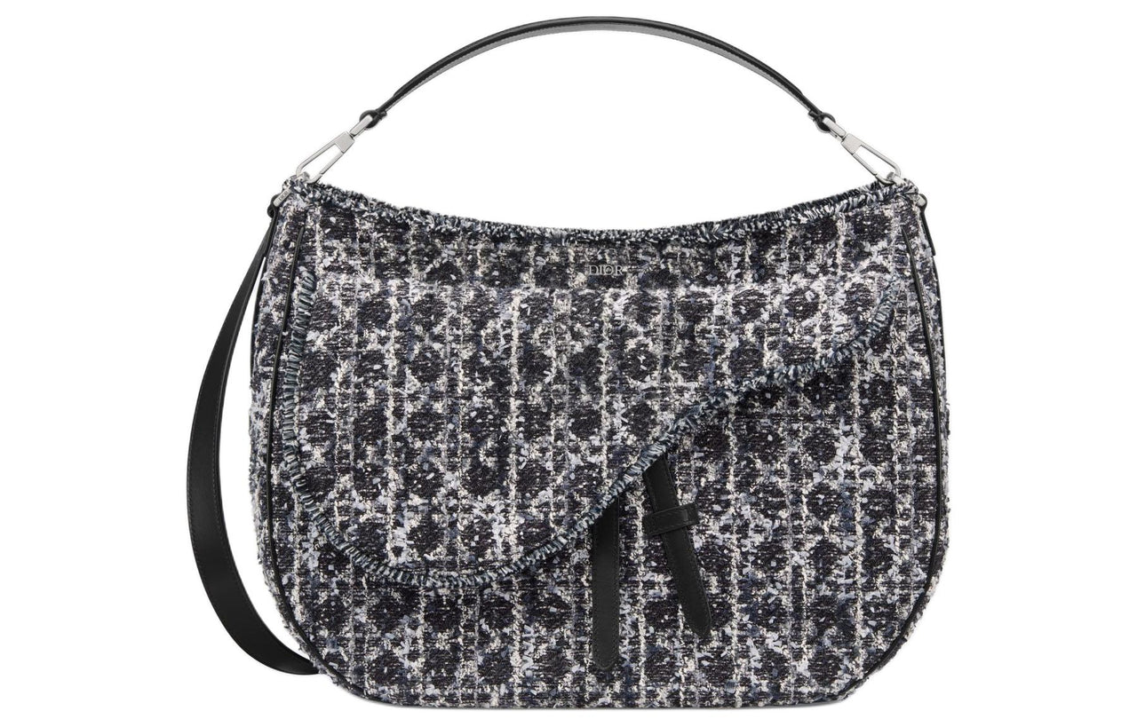 DIOR Saddle Wicker Pattern Tweed Handbag, Shoulder Bag Men's Marine Blue