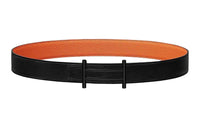 HERMES Double Sided Solid Color Design Leather Belts Men's Black Width  3.2CM