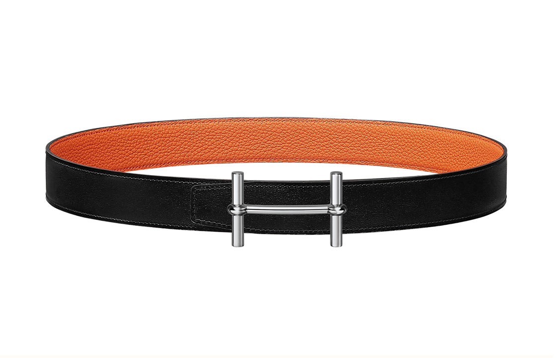 HERMES Individual Elegance Silver Buckle Togo Calfskin Double-Sided Leather Belt Women's Black/Orange Width: 3.2cm