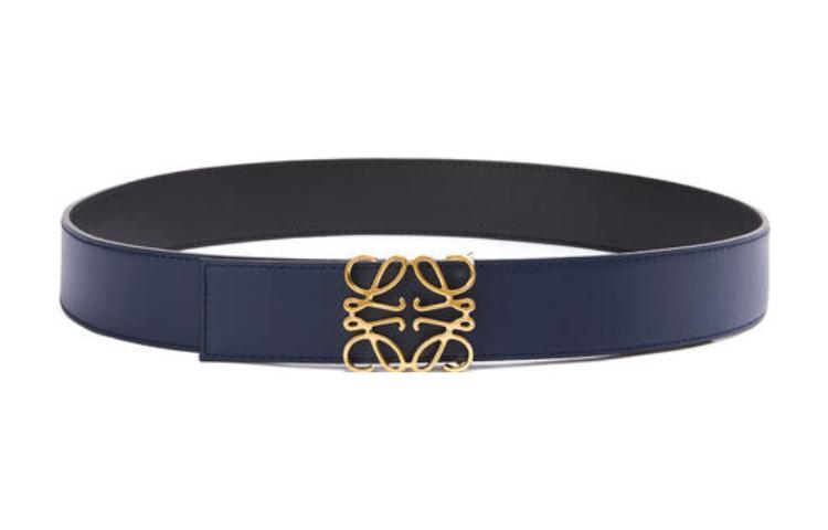 LOEWE Anagram Cow Leather Belt Men's Black Blue Gold Width 4cm